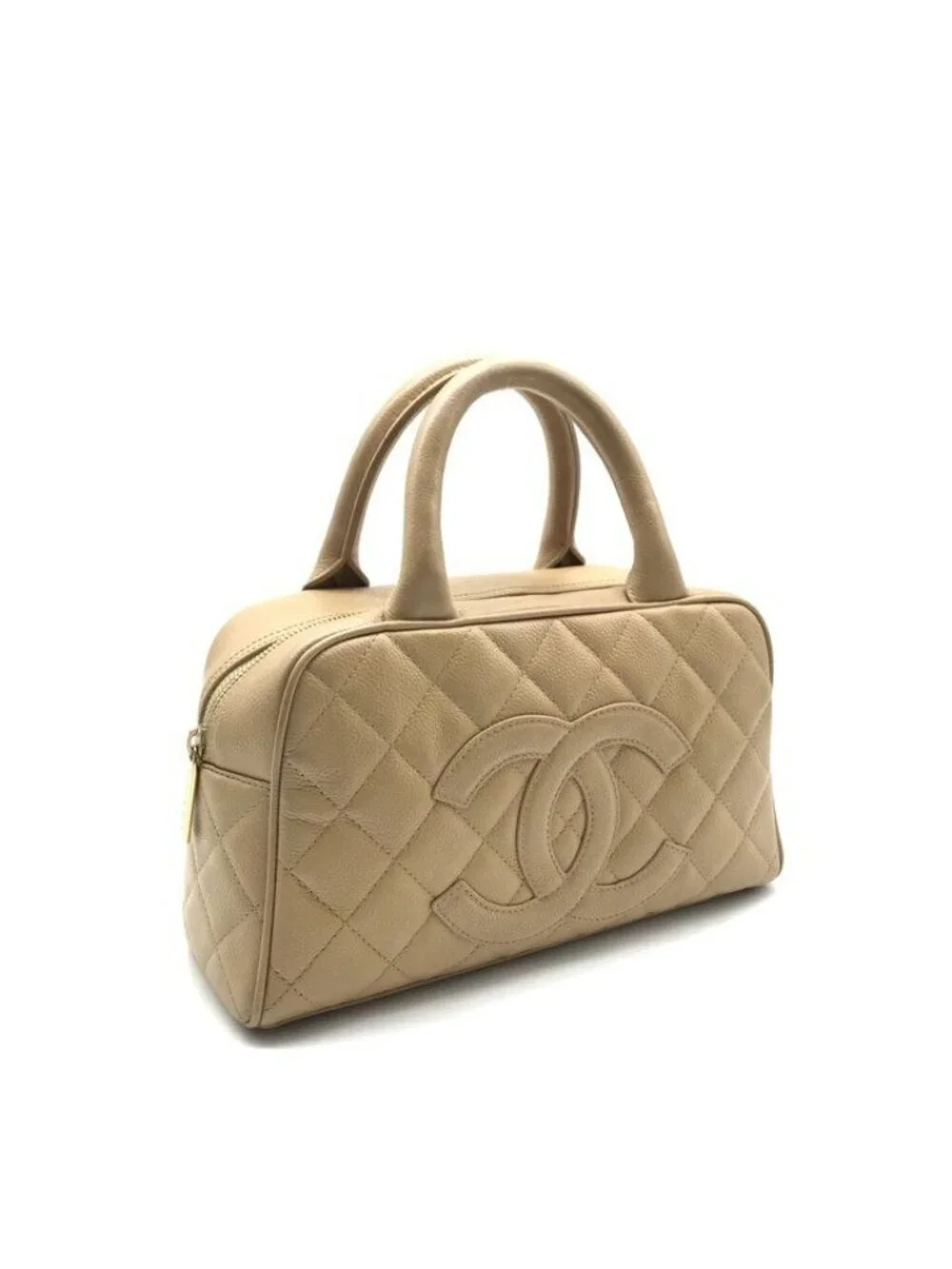 Chanel CC Logo Jumbo CC Quilted Mini Boston Hand Bag Beige